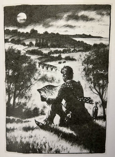 John Dust surveys his map - illustration by John Duffin, 2018